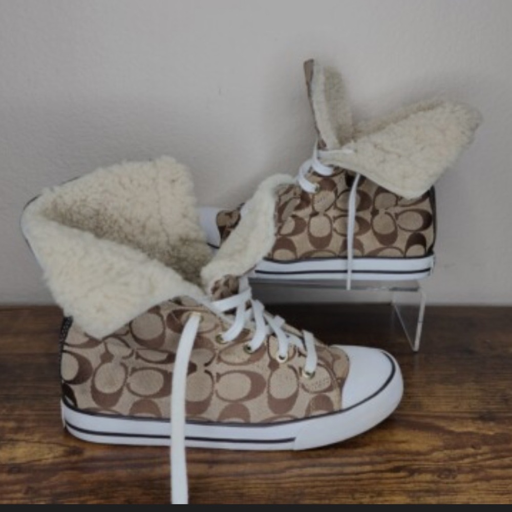 Coach High-Top Sherpa Sneakers - Brown and Cream